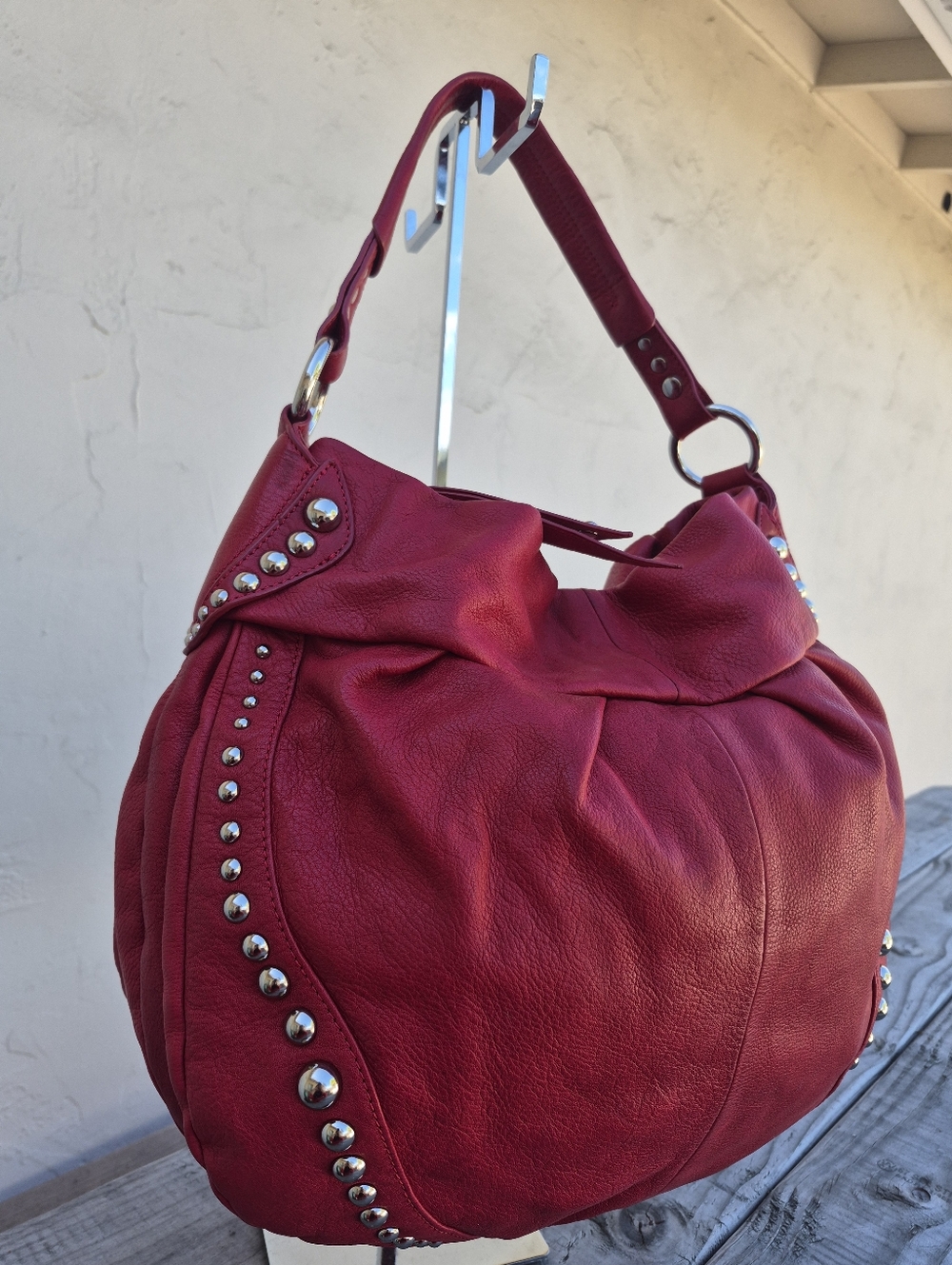 B. Makowsky Vintage Leather Studded Red Hobo Shoulder Bag - Picture 3 of 16